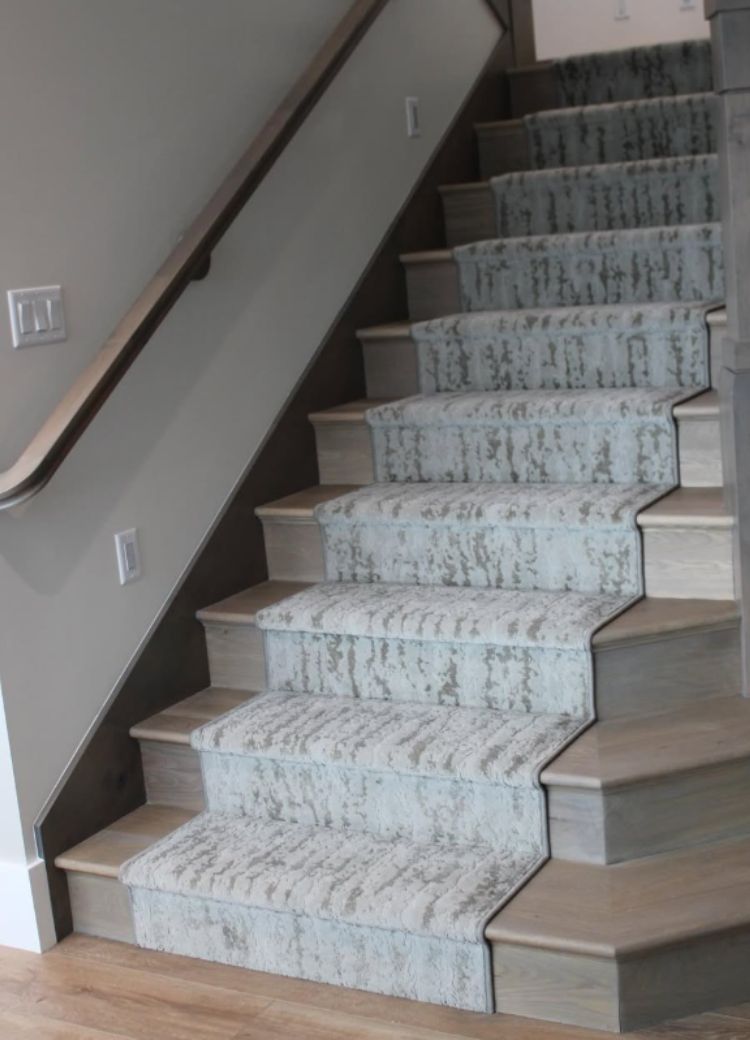 grey and white patterned stair runner in a Bountiful, UT, home installed by Mike & Sterling's Flooring America